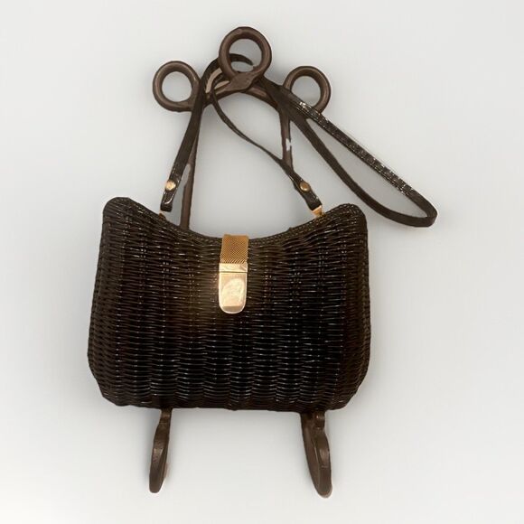 Magid Handbags - VTG Magid British Hong Kong Woven Wicker Like Basket Purse Handbag Black Gold